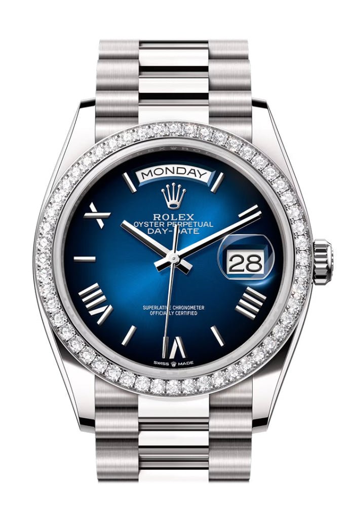 Rolex Day Date 36mm Blue Ombre Roman Dial Diamond Bezel White Gold President Bracelet 128349RBR