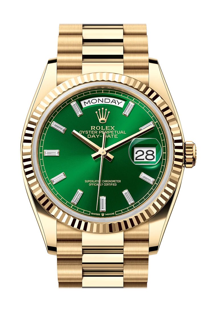 Rolex Day-Date 36 Bright Green Dial Gold Fluted Bezel Yellow Gold Watch 128238 128238-0130