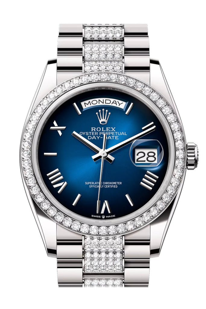 Rolex Day Date 36mm Blue Ombre Roman Dial Diamond Bezel White Gold President Diamond Bracelet 128349RBR